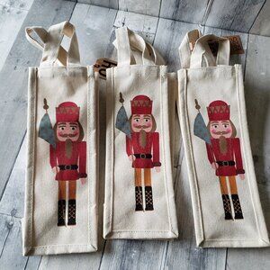 NWT - (set of 3) Canvas Nutcracker Screen Print On Both Sides Bottle Bags